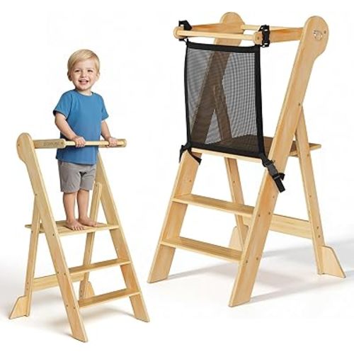 COSYLAND Pre-Assembled Foldable Toddler Kitchen Stool Helper – Toddler Standing Tower with Safety Net, Adjustable Heights & Anti-Tip Feet for Safe Kitchen Fun(Natural)
