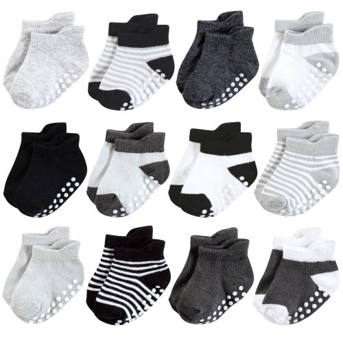 Hudson Baby Infant Boy Non-Skid No-Show Socks, Black White Stripes