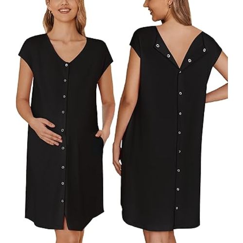 Ekouaer Labor/Delivery/Hospital Gown Nursing Nightgown Maternity Sleepwear With Pockets Postpartum Gowns with Button S-XXL