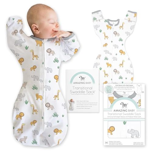Amazing Baby Transitional Swaddle Sack, Arms Up Half-Length Sleeves & Mitten Cuffs, Swaddle for Newborn Transition to Baby Sleep Sack Wearable Blanket, Medium, 3-6 Month, 14-21 lb, On Safari