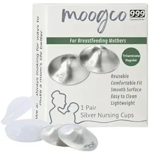 MOOGCO The Original Silver Nursing Cups - Nipple Shields for Breastfeeding Newborn - Breastfeeding Essentials - 999k Tri-Laminate Silver Nipple Covers (Regular Size, Set of 2)