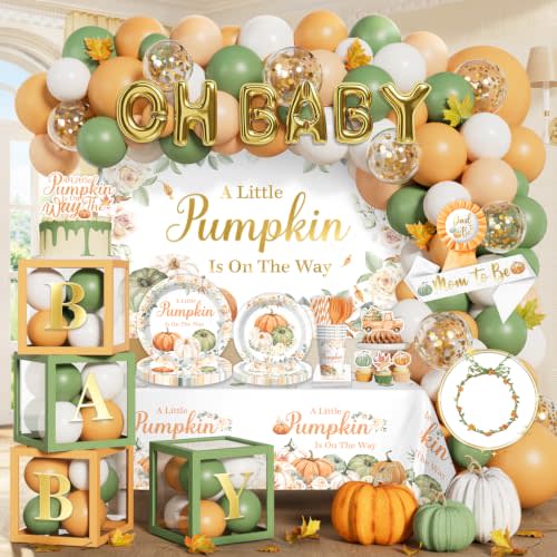 cocomigo Little Pumpkin Baby Shower Decorations, All-in-1 Set for 25 Guests | Easy Setup, Includes Tableware, Backdrop, Banner, Balloons and More, Perfect Fall Baby Shower Decorations for Boys & Girls