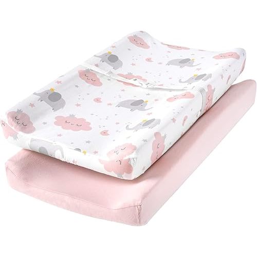 TILLYOU Changing Pad Cover Set in Soft Jersey Material - Fits 32"/34''x16 Contoured Pad for Babies,Elephant & Cloud, Pink