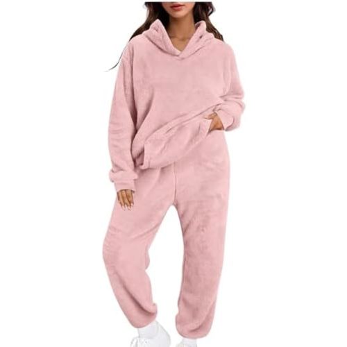 Women's Plus Size Fuzzy Tracksuit Long Sleeve Hoodies Sweatshirt with Pocket Cinch Bottom Pants 2 Piece Loungewear