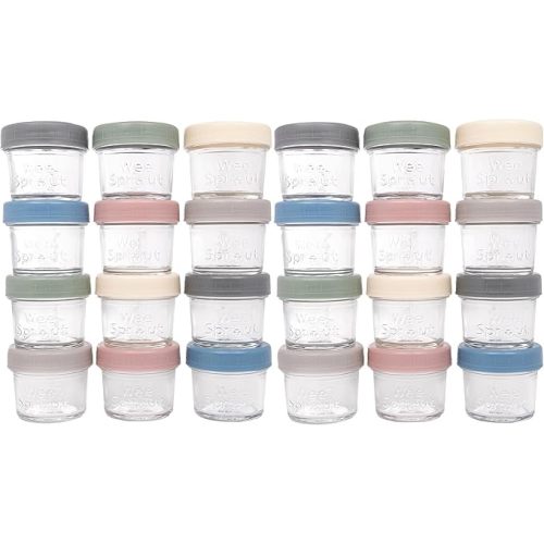 WeeSprout Baby Food Storage Glass Jars w/Lids (4 oz, 24 Pack) Matte Variety, Snack, Reusable Small Containers, Fridge or Freezer, Microwave & Dishwasher Safe, Essentials for Infants