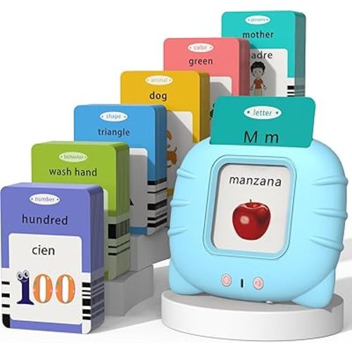 Startcan Spanish & English Talking Flash Cards for Boys 3-6, Audible Toys with Music to Learn Numbers 0-100, Letters, Phrases and More Spanish and English Vocabulary - 278 Cards and 556 Words(Blue)