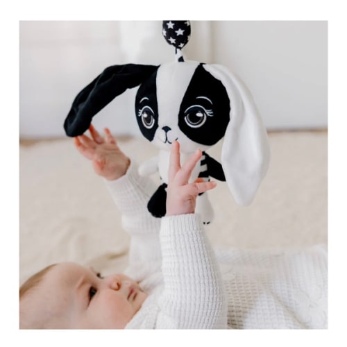Billie the Bunny – High Contrast Hanging Pram Toy – Young Wonderer Black and White Baby Boutique