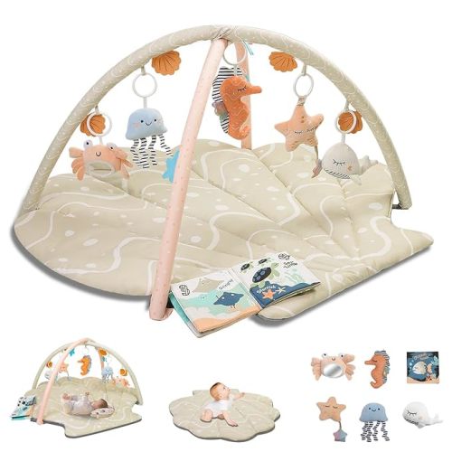 Baby Play Mat, Oversize Shell Tummy Time Mat with 6 Detachable Baby Activity Toys, Baby Gyms & Playmats for Babies 0-6 Months, Baby Essentials Mat for Floor Newborn Baby Shower Gifts (Beige)