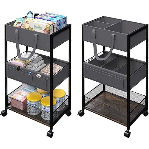 Diaper Caddy Organizer and Storage, 3-Tier Baby Storage Organizers with 2+2 Dividers, Large Capacity Diaper Rolling Cart for Nursery, Diaper Caddy Cart for Crib, Bedroom, Bathroom