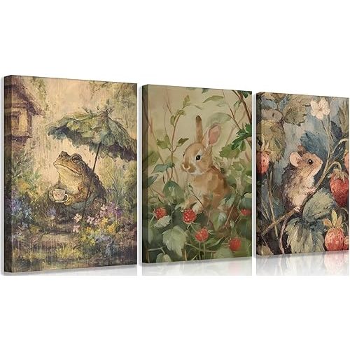 3pcs Woodland Nursery Wall Art Retro Wild Animals Painting Picture Wall Decor The Mouse and Rabbit Picking Raspberries Funny Frog With An Umbrella, Poster Print Artwork for Child Room Home Decoration