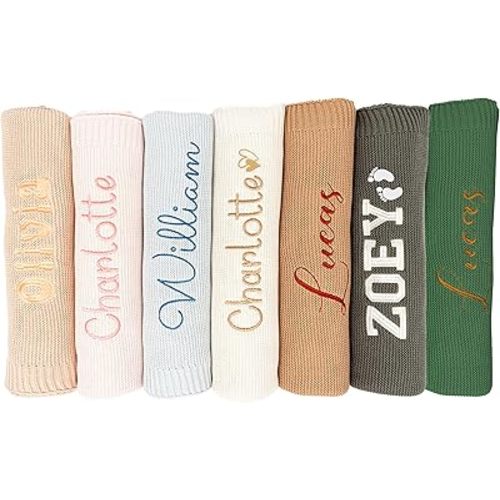 Personalized Baby Blanket, 100% Organic Cotton GOTS Certified, Custom Baby Blanket with Name, Customized Swaddle Blanket with Name, Knit Recieving Blankets for Boys and Girls