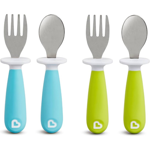 Munchkin® Raise™ Toddler Fork and Spoon Utensil Set, Rest Keeps Tip Off Table, BPA Free, 4 Pack, Blue/Green