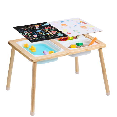 KFFKFF Kid's Sensory Table, Children's Exploration Table with 3 Collapsible Storage Containers & Dual-Faced Board, Wooden Activity Table for Drawing