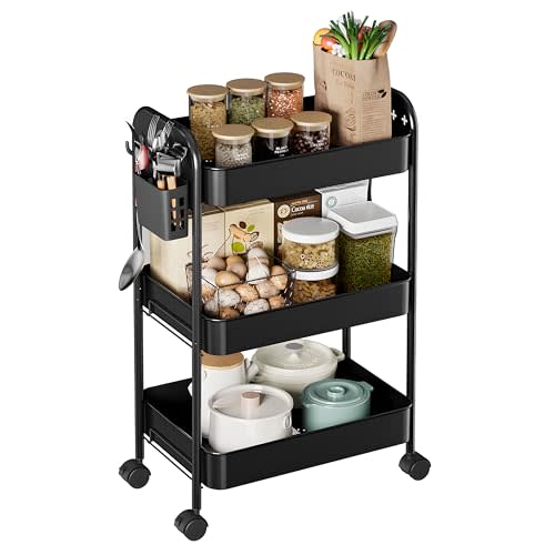 Heavy-Duty Rolling Cart 3 Tier Metal Utility Storage Cart with Casters, Hanging Cups, Hooks, Book Snack Craft Mesh Rolling Storage Organizer for Kitchen Office