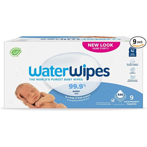 WaterWipes Plastic-Free Original Baby Wipes, 99.9% Water Based Wipes, Unscented & Hypoallergenic for Sensitive Skin, 540 Count (9 packs), Packaging May Vary
