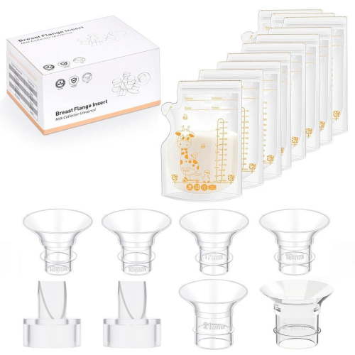 Flange Sizing Kit with 6Pcs Flange Inserts 13/15/17/19/21/24mm and 10 Pcs Breastmilk Storing Bags, 2 Pcs Duckbill Valves Breast Pump Parts