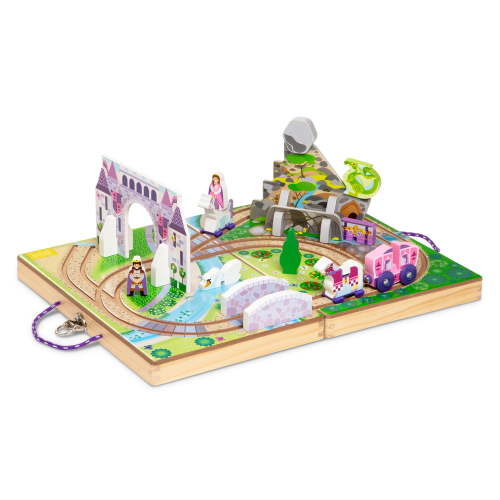 Melissa & Doug 19-Piece Wooden Take-Along Tabletop Kingdom – Wood Play Pieces, Carriage, Horse, Unicorn, Dragon, Model Train Set, Toddler 3+