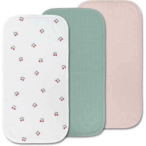 Miaoberry Organic Portable Muslin Changing Pad Liner – Waterproof Reusable Baby Diaper Changing Pad Cover for Travel, Cherry, Pink and Sage, 3 Pack