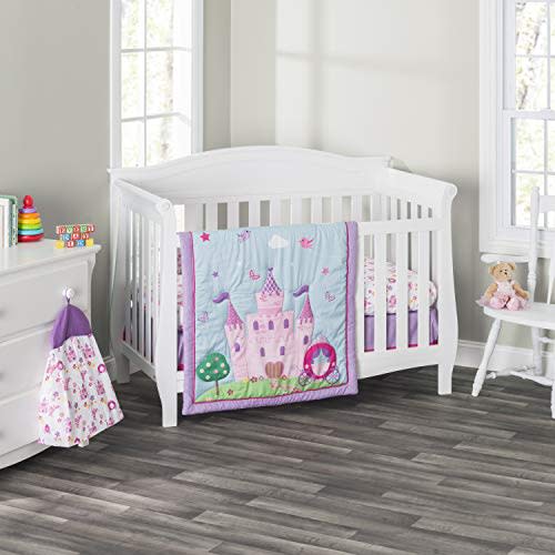 EVERYDAY KIDS 4 Piece Girls Crib Bedding Set -Princess Storyland - Includes Quilt, Fitted Sheet, Dust Ruffle and Diaper Stacker - Nursery Bedding Set - Baby Crib Bedding Set