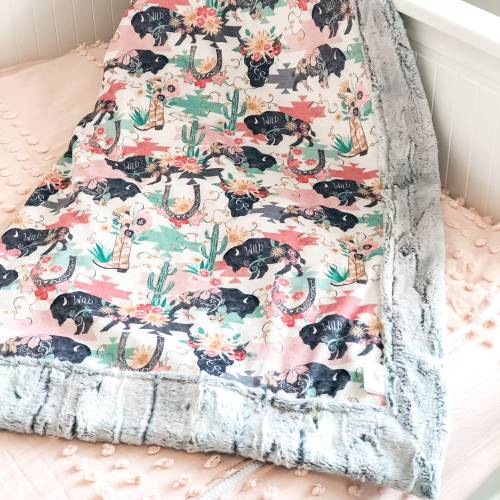 Baby Girl Bison Minky Blanket Western Aztec Baby Cowgirl Blanket Gift for Baby Girl Buffalo Minky Faux Fur  Nursery Bedding western Theme