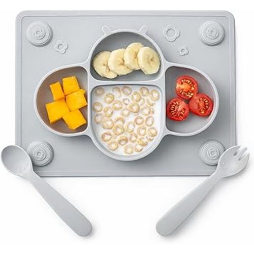 ROCCED Suction Plates for Baby Placemat Spoon Fork Set for Toddlers, Silicone Baby Plates with Suction Baby Dishes for Kids Plates-grey