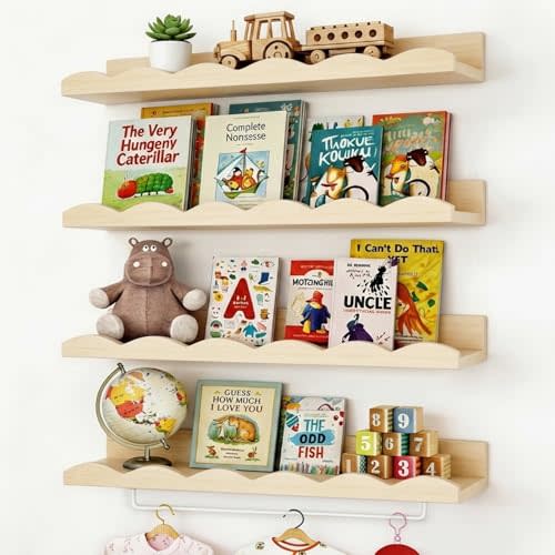 Fixwal Nursery Book Shelves, 16.5 Inch Floating Bookshelves for Wall Set of 4, Scalloped Wall Book Shelves with Towel Rack for Kids, Toddler Room, Baby Room, Nursery Decor and Storage(Natural Wood)