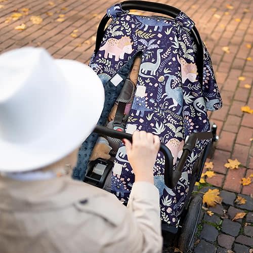 Baby Car Seat Cover, Breathable Infant Carseat Cover for Summer Peekaboo Opening Car Seat Canopy Cover, Nursing Cover for Baby Boys Girls (Blue Dinosaurs)