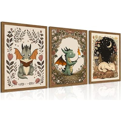 Vintage Dragon Nursery Wall Art Set of 3 Framed 8x10 Inch Canvas Prints, Whimsical Baby Dragon Fantasy Woodland Decor for Boys Girls Bedroom, Kids Room, Storybook Fairytale Wall Decor