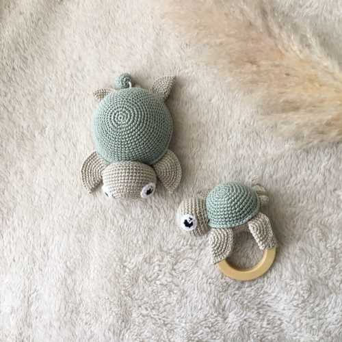 Crochet Turtle Baby Rattle Set: Organic Cotton Amigurumi Musical Toy