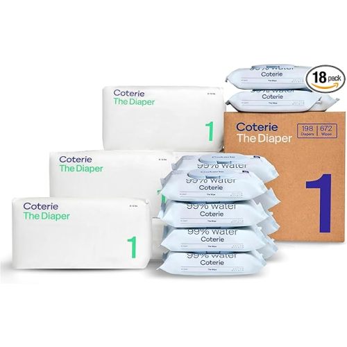 Coterie Baby Wipes + Diapers Kit, Size 1 Diapers (198 Count) & 12 Pack (672 Count) Baby Wipes with 99% Water, Plant Based Materials, Hypoallergenic for Sensitive Skin