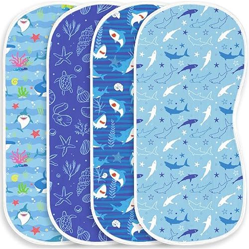 4pcs Baby Burp Cloths for Boys Girls Parent,100% Cotton Ocean Shark Collection Muslin Burping Cloths for Spitting Up,Newborn Infant (Blue Ocean Whale, 4PC)