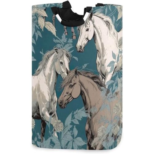 Laundry Hamper Basket Horses and Flowers Collapsible Nursery Storage Bin Waterproof Clothing Baskets for Home Bedroom Bathroom Washing Room