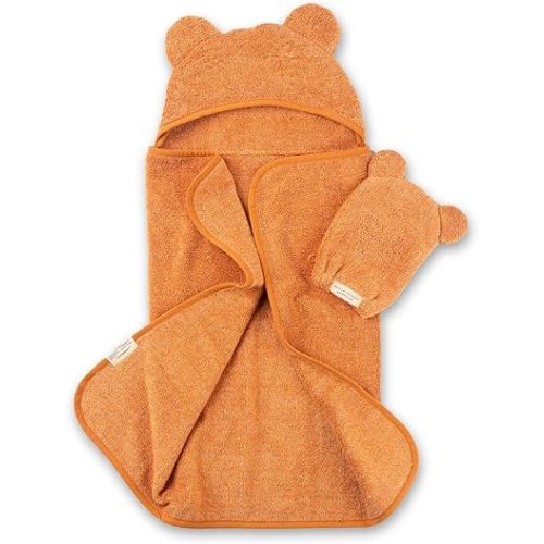 Bella Tunno Baby Bath Towel and Wash Mitt Set – Soft Absorbent Hooded Towels and Mitt-Style Baby Washcloths, Oeko-TEX Certified (Pumpkin)