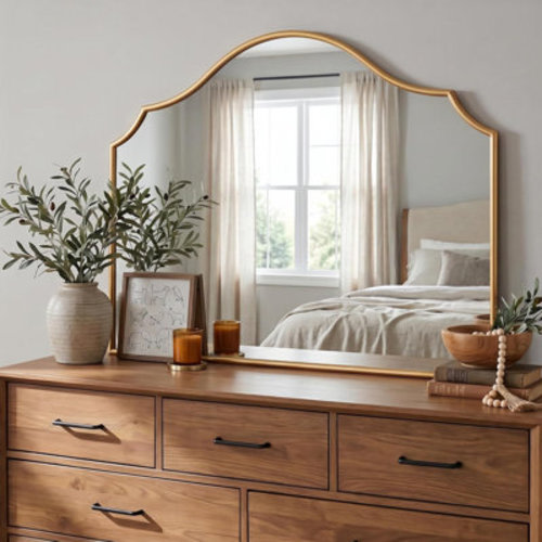 Gold Scalloped Mirror, 40"x29" Large Vintage Wall Mirror with Tempered Glass, Arched Antique Mirror for Mantel Fireplace Entryway Living Room Decor | Wayfair