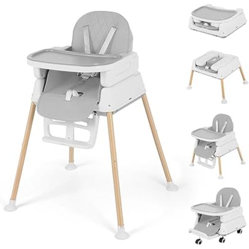 5-in-1 Baby High Chair, Convertible Booster & Play Chair, Portable Foldable Lightweight, Easy to Clean with Tray, for Babies Toddlers 6-36 Months, Gray