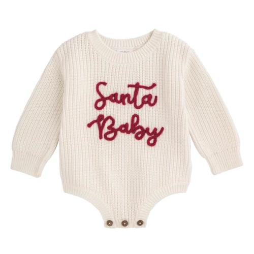 Santa Baby Sweater Bubble | Embroidered Cotton Baby Outfit | Mud Pie