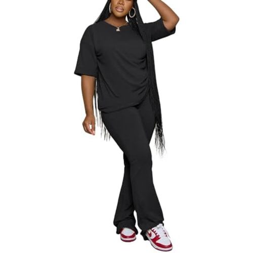 PINSV Women 2 Piece Outfits Short Sleeve Top and Flare Pants Lounge Sets Tracksuit