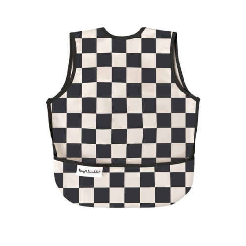 Twinkle Short Sleeve Apron Baby & Toddler Bib – Waterproof, Mess-Proof Bibs for Eating & Feeding, Machine Washable, Perfect Holiday Gift (Black Checkers, 6–24M)