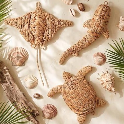 Threehoney 3 Pcs Boho Beach Bathroom Decor 3 Size Handmade Wicker Wall Decors Coastal Hanging Wall Art Florida Decoration for Indoor Outdoor Summer Gifts