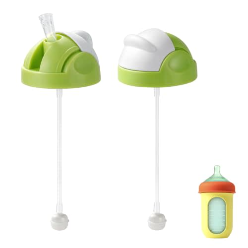 Straw Lid Compatible with Boon Nursh Sippy Cup, 2 PCS Replacement Lid | with Flip Top Cover, Silicone Straw and Weighted Ball, No Leakage, Straw Cup Conversion Tops for Bottles, Green and White