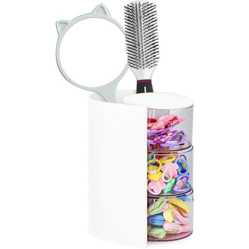 Hair Accessories Organizer with Hair Brush Holder, Rotatable Makeup Brush and Jewelry Storage Box for Hair Clips, Earrings, Necklaces, Bracelets, Rings, and Daily Accessories (White, 3-Layer)