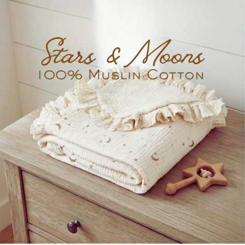 Baby Shower Gift Baby Blanket Neutral Stars and Moons Ivory Ruffle Edge Newborn Keepsake Gender Neutral Nursery Welcome Home Gift Big Sister