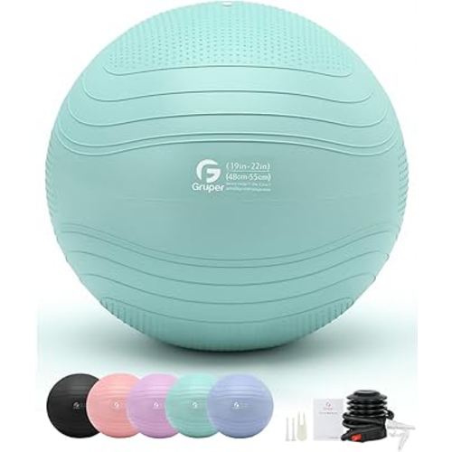 Gruper Yoga Ball, Extra Thick Exercise Ball for Workout Pregnancy Stability - 4 Sizes Anti Burst Balance Ball for Yoga, Pilates, Fitness, Birthing, Physical Therapy - Includes Pump