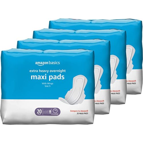 Amazon Basics Thick Maxi Pads with Wings for Periods, Feminine Pads with Leakage Protection, Extra Heavy Overnight Absorbency, Unscented, Size 5, 80 Count (4 Packs of 20) (Previously Solimo)