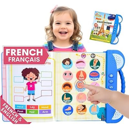 French English Talking Learning Book for Kids 2 3 4 5 6 Years Old, Learn French Interactive Audio Sound Books for Toddlers, Francais Educational Electronic Toys, Bilingual Musical Toy