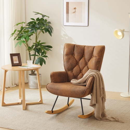 Nursery Rocking Chair, Upholstered Glider Rocker with High Backrest, Side Pockets, Thick Seat Cushion, Modern Rocking Recliner for Living Room, Nursery, Bedroom, Brown