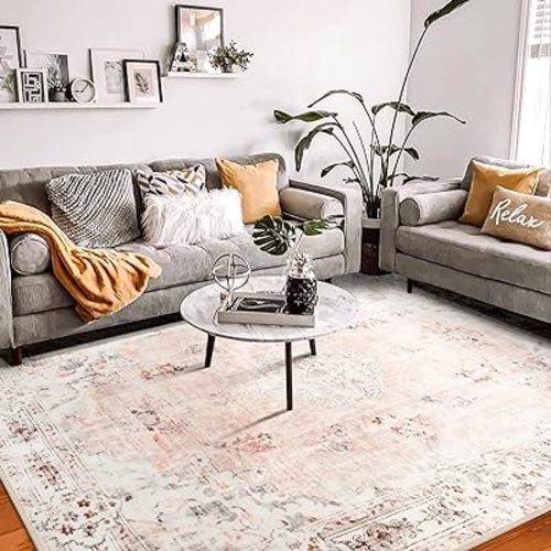MUJOO Pink Rug 8'x10' Area Rugs for Living Room Washable Large Boho Rug for Bedroom Non Slip Abstract Soft Low-Pile Floral Flowers