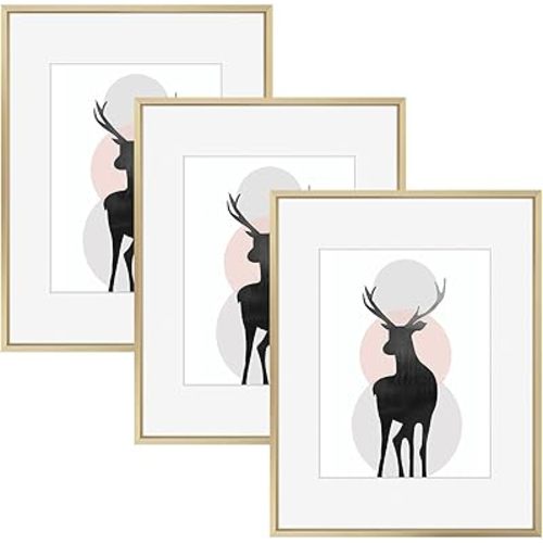 Space Art Deco, 16x20 Metal Aluminum Picture Frame Set of 3, Display Pictures 11x14 with Mat or 16 x 20 without Mat, Wall Mounting Gallery Photo Frames, Gold