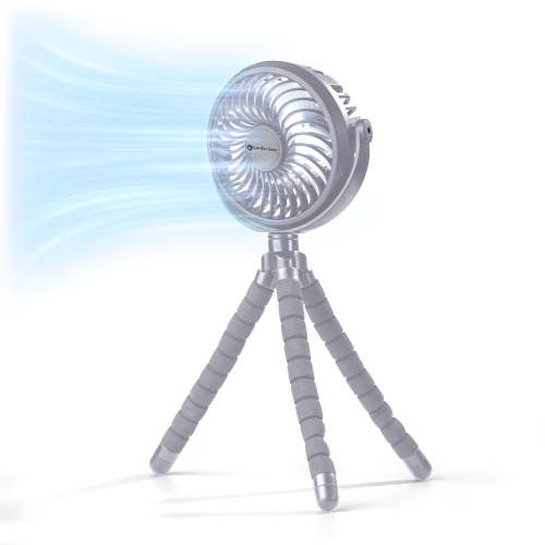 Comfort Zone 4” Tri-Pod Stroller Fan, 3-Speed, Rechargeable, Flexible, Mini, Portable, 2-3 Hour Charge Time, Secure Hold, Gray