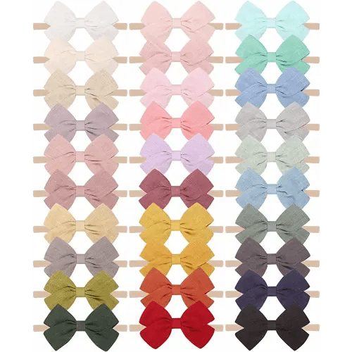 jollybows 30pcs Baby Girls Nylon Hair Bows Headbands Linen Bands Elastic Accessories for Kids Infants Newborn (3-30 PCS Solid Linen)